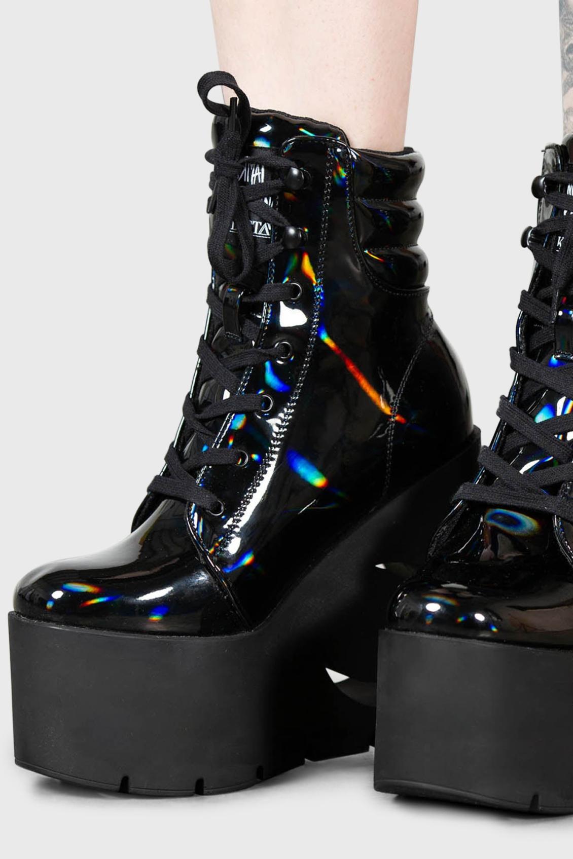 Women Boots | Killstar Diana Crescent Wedge Boots [BLACK HOLOGRAPHIC]