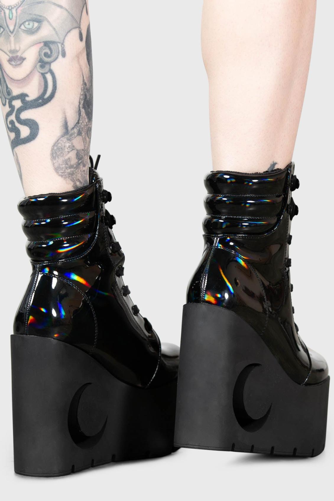Women Boots | Killstar Diana Crescent Wedge Boots [BLACK HOLOGRAPHIC]