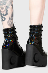 Women Boots | Killstar Diana Crescent Wedge Boots [BLACK HOLOGRAPHIC]