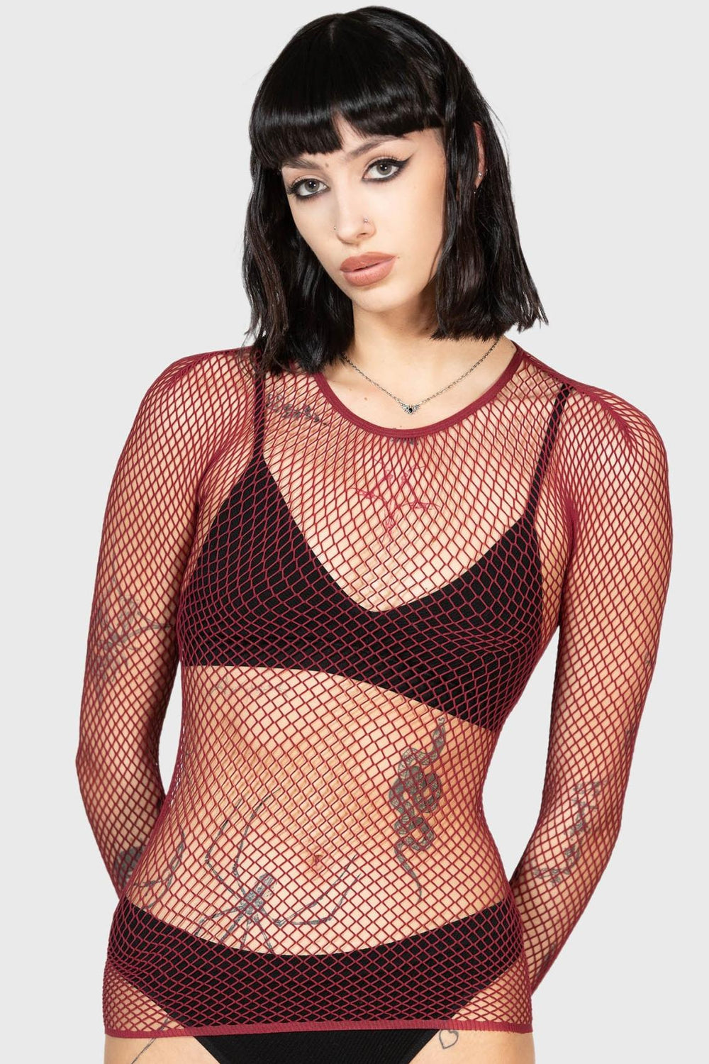 Women Long Sleeves | Killstar Hellrazor Fishnet Top [BURGUNDY]