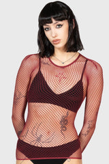 Women Long Sleeves | Killstar Hellrazor Fishnet Top [BURGUNDY]