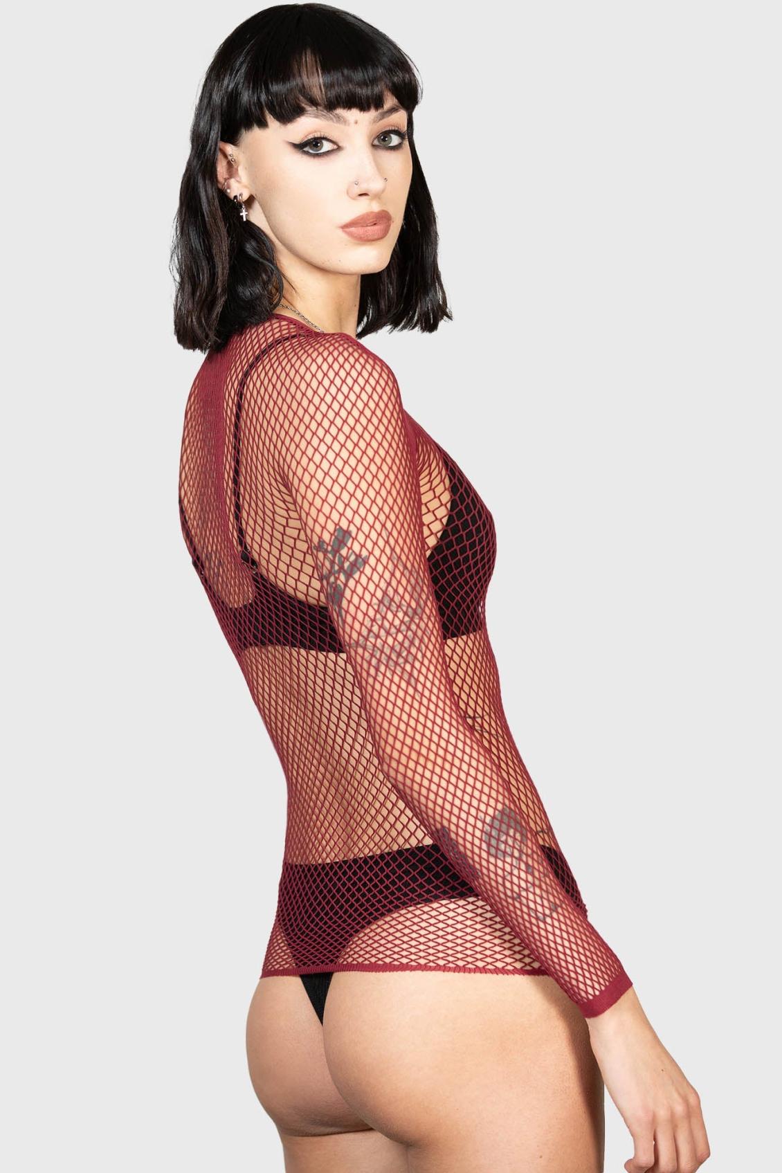Women Long Sleeves | Killstar Hellrazor Fishnet Top [BURGUNDY]