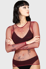 Women Long Sleeves | Killstar Hellrazor Fishnet Top [BURGUNDY]