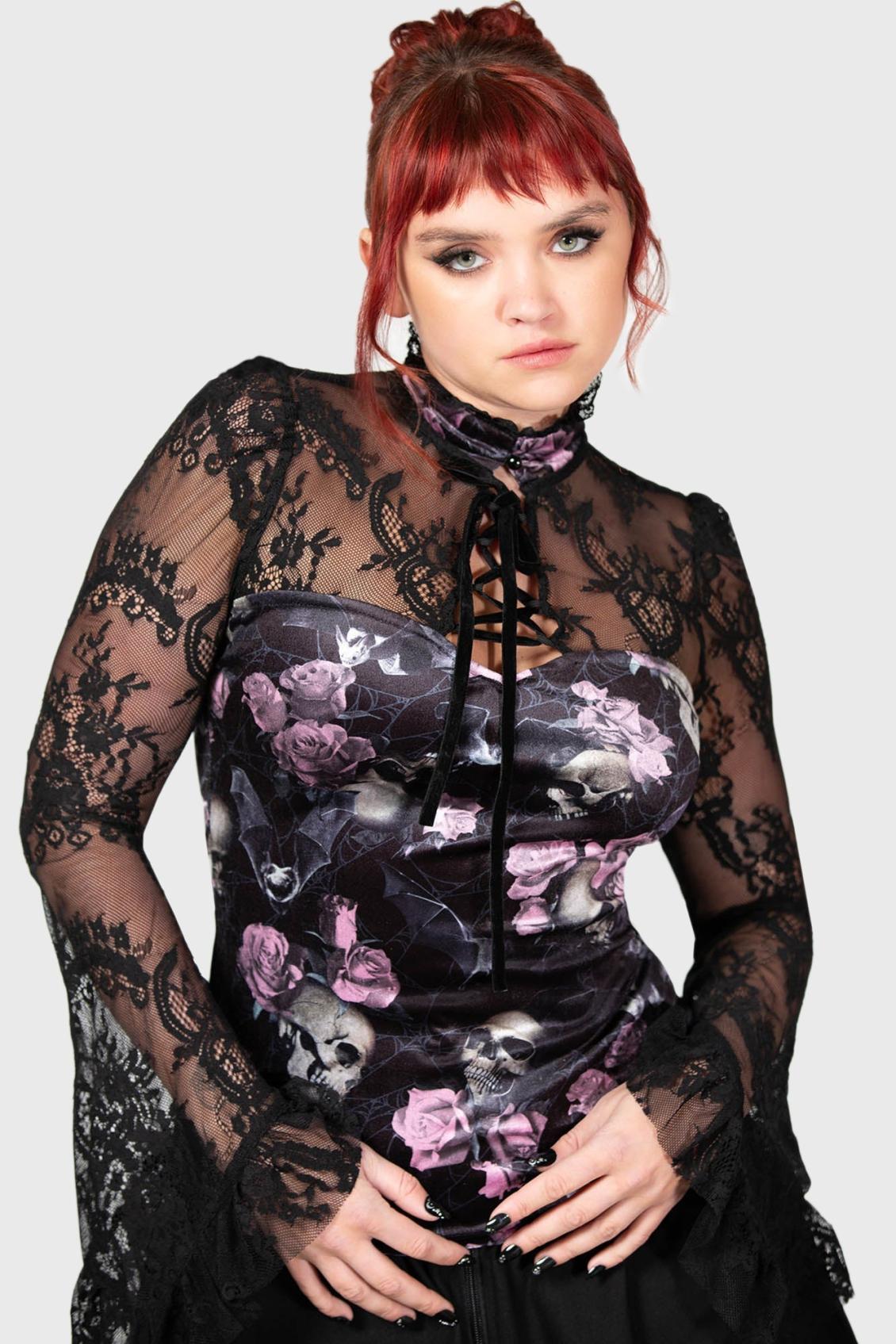 Women Long Sleeves | Killstar Poison Fang Long Sleeve Top [BLACK/PINK]