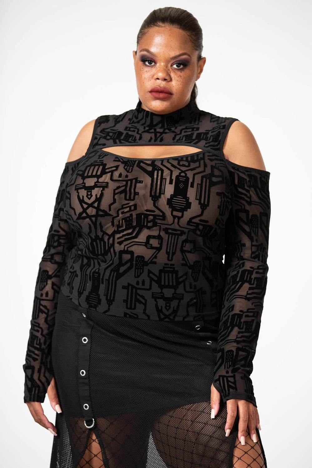 Women Long Sleeves | Killstar Tuned Out Mesh Cold Shoulder Top