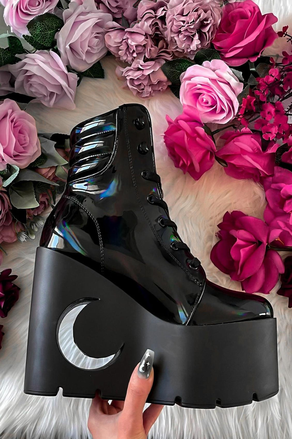 Women Platforms | Killstar Diana Crescent Wedge Boots [BLACK HOLOGRAPHIC]