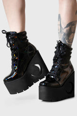 Women Platforms | Killstar Diana Crescent Wedge Boots [BLACK HOLOGRAPHIC]