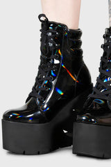 Women Platforms | Killstar Diana Crescent Wedge Boots [BLACK HOLOGRAPHIC]