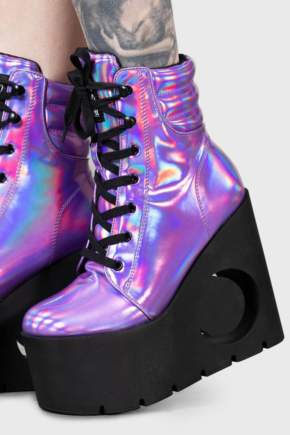 Women Platforms | Killstar Diana Crescent Wedge Boots [PURPLE HOLOGRAPHIC]