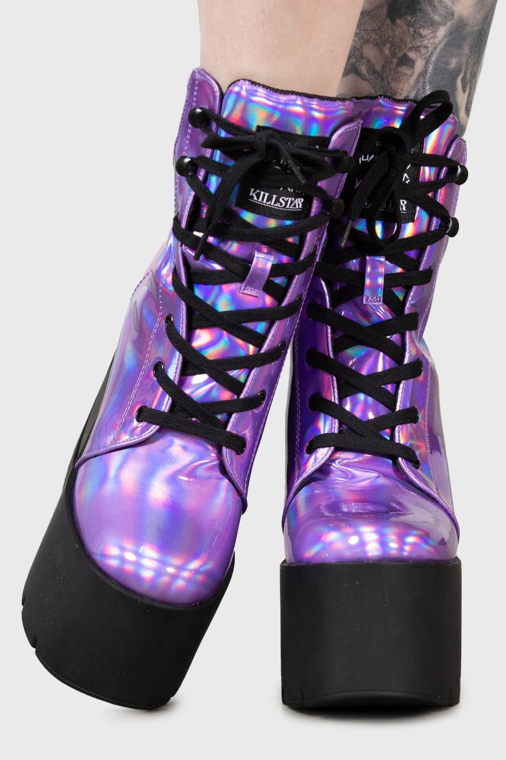 Women Platforms | Killstar Diana Crescent Wedge Boots [PURPLE HOLOGRAPHIC]