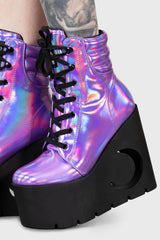 Women Platforms | Killstar Diana Crescent Wedge Boots [PURPLE HOLOGRAPHIC]