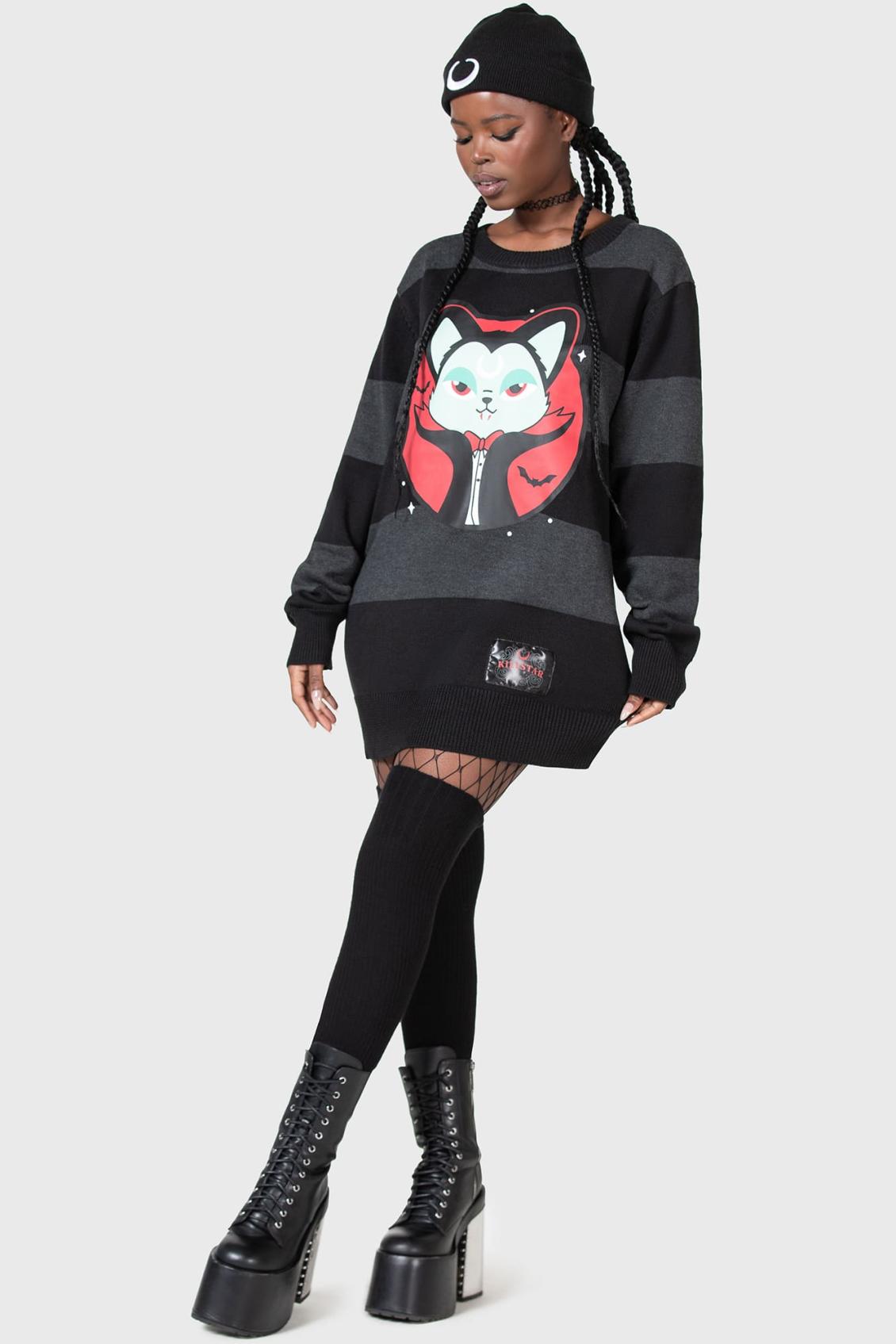 Women Sweaters | Killstar Vampurr Stripe Sweater [GREY]