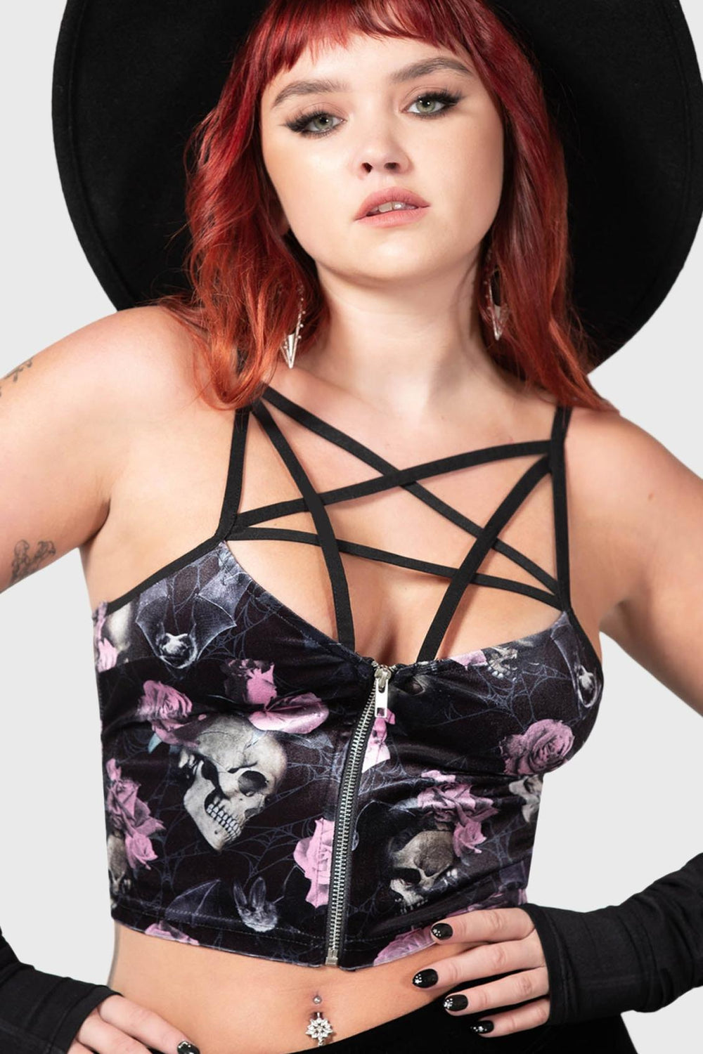 Women T-Shirts &amp; Vests | Killstar Lost In Sin Zip Top [BLACK/PINK]