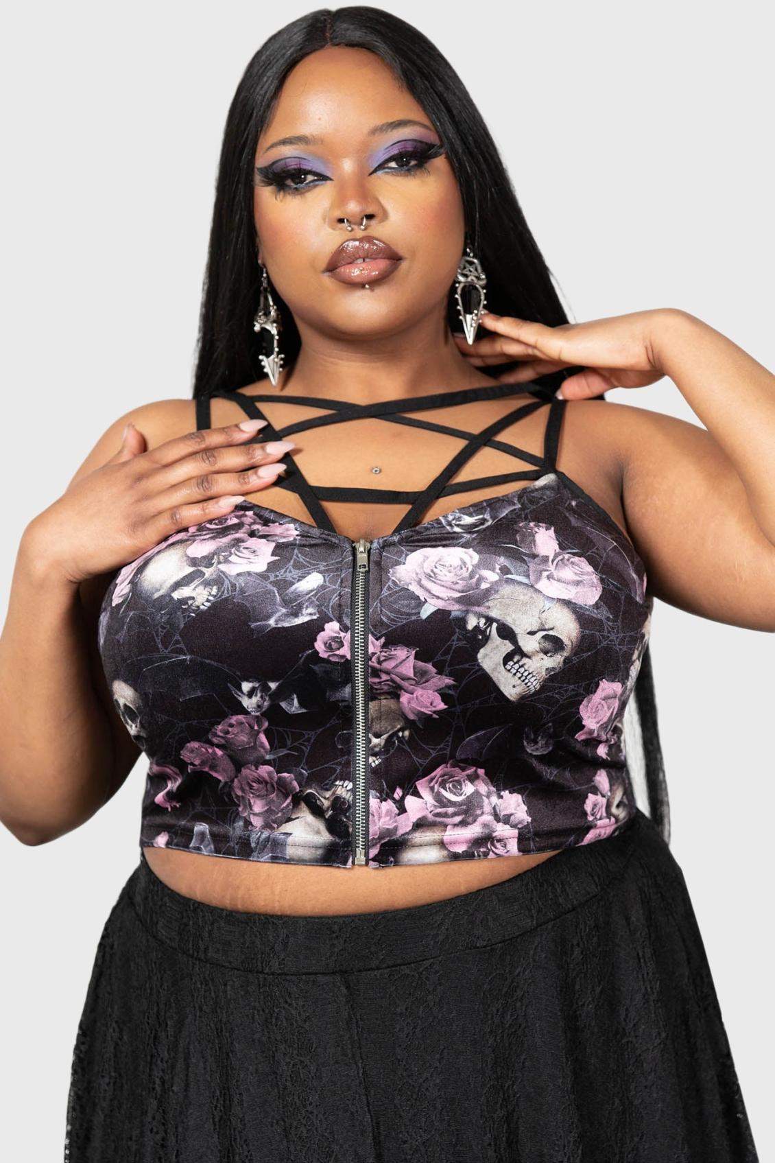 Women T-Shirts &amp; Vests | Killstar Lost In Sin Zip Top [BLACK/PINK]