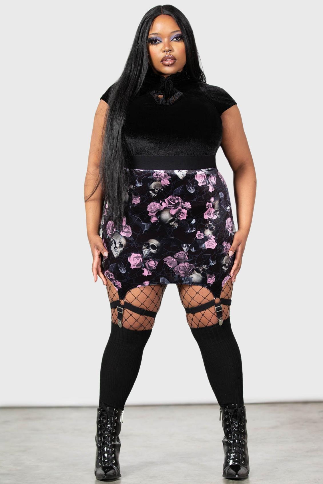 Women Velvet | Killstar Cassandra Velvet Mini Skirt [BLACK/PINK]