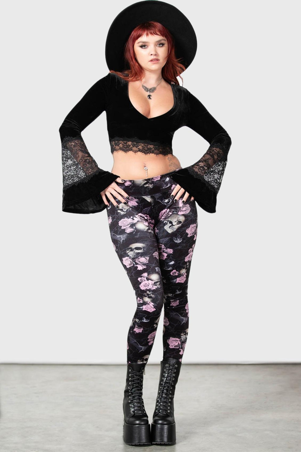 Women Velvet | Killstar Hematite Leggings [BLACK/PINK]