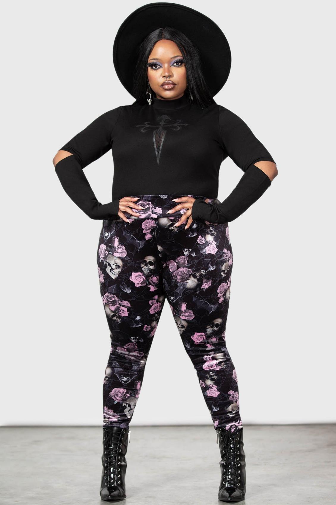 Women Velvet | Killstar Hematite Leggings [BLACK/PINK]